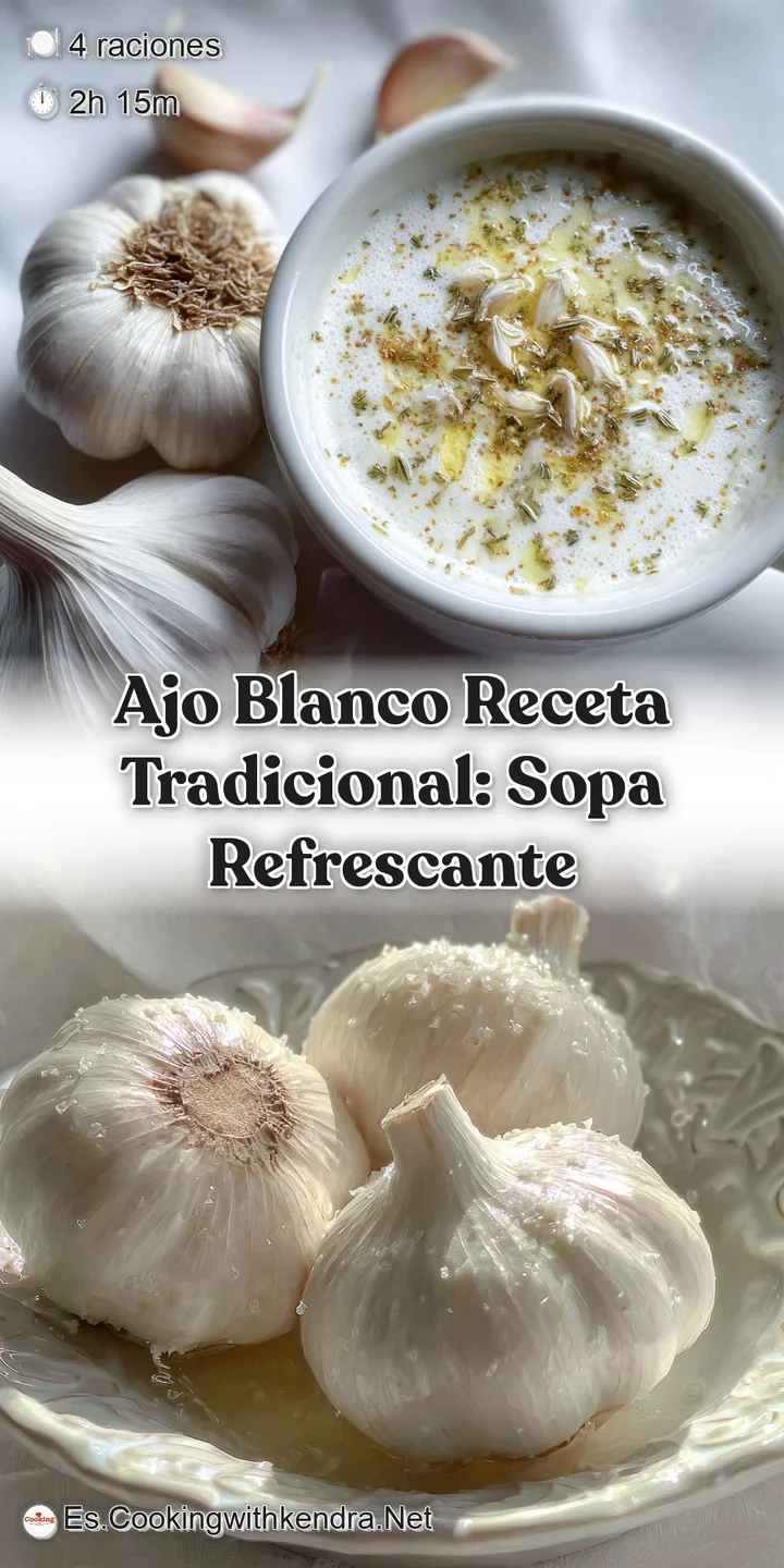 Close-up of chilled white soup showcasing flecks of almonds, juicy grapes, and the shimmering surface of olive oil. Inviti...