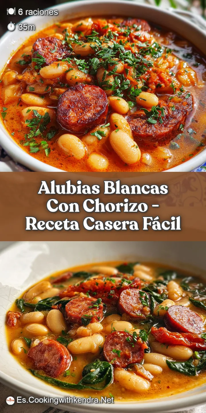Close-up reveals tender white beans and smoky chorizo in a thick, reddish-brown sauce. Aromatic steam rises from the savor...
