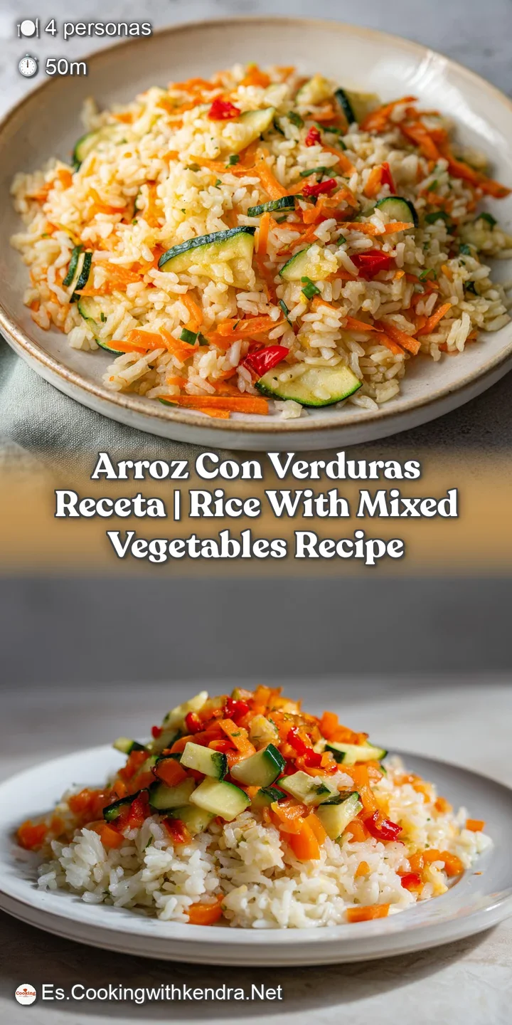 Primer plano de granos de arroz sueltos y brillantes mezclados con verduras frescas y coloridas, textura jugosa.