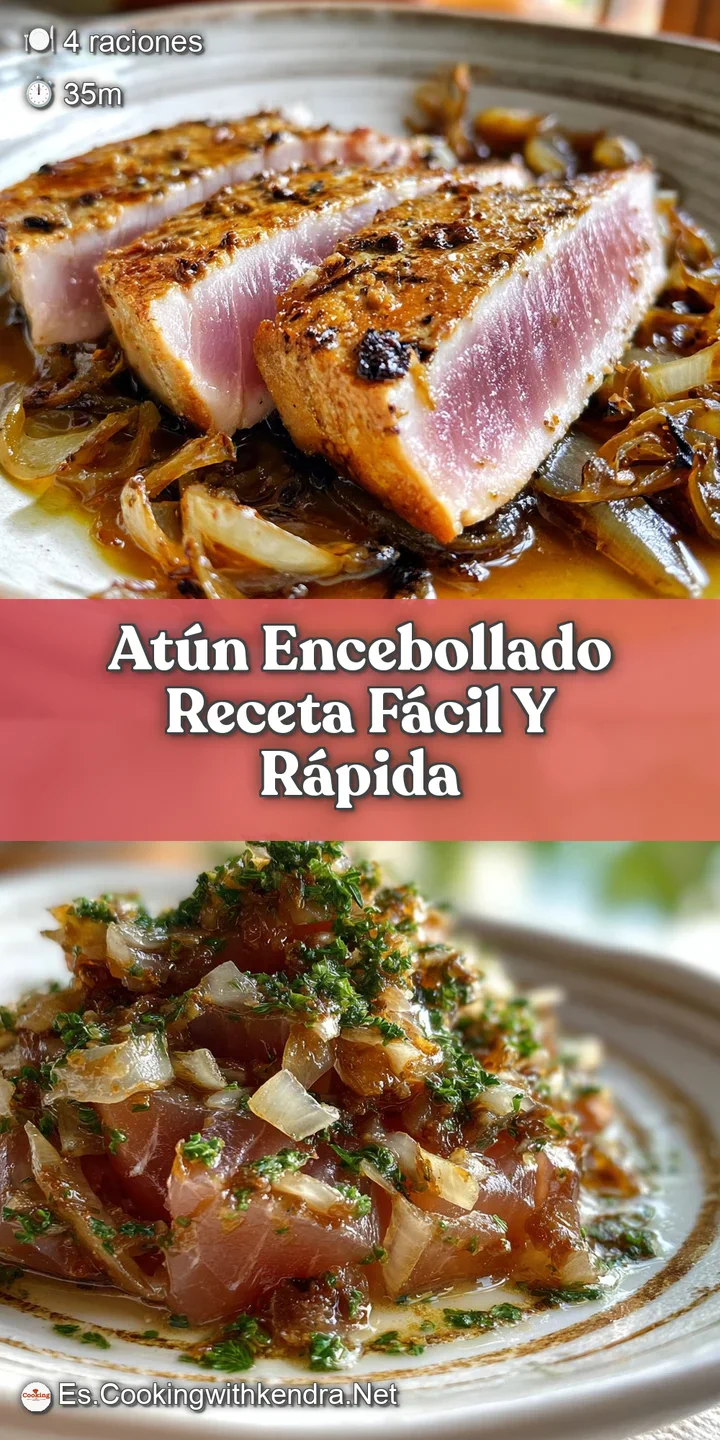 Close-up of succulent tuna braised in deeply browned, softened onions, the rich sauce with its appetizing sheen visible.