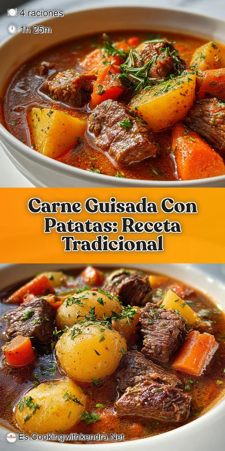 Close-up of tender beef chunks and soft potatoes swimming in a savory, dark brown sauce. Flecks of herbs add visual interest.