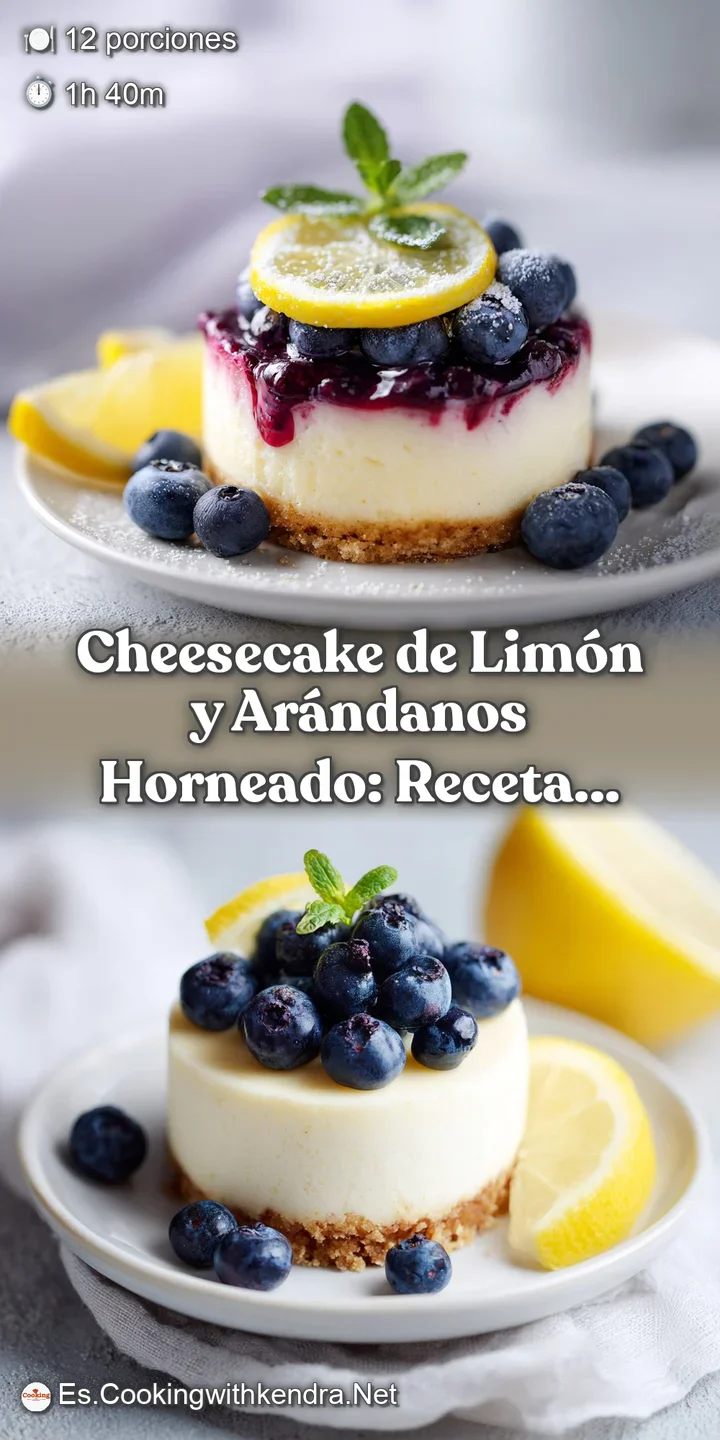 Close-up of a lemon cheesecake bite. Juicy blueberries peek from the creamy, slightly cracked surface. Golden crust tantal...
