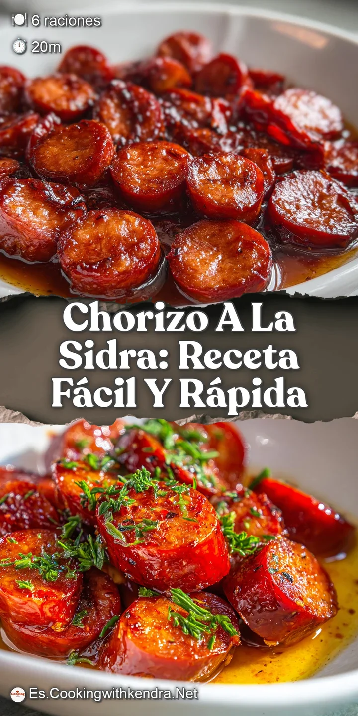 Appetizing close-up of spicy chorizo simmering in cider, showcasing the rich, savory sauce and the char on the sausage sli...