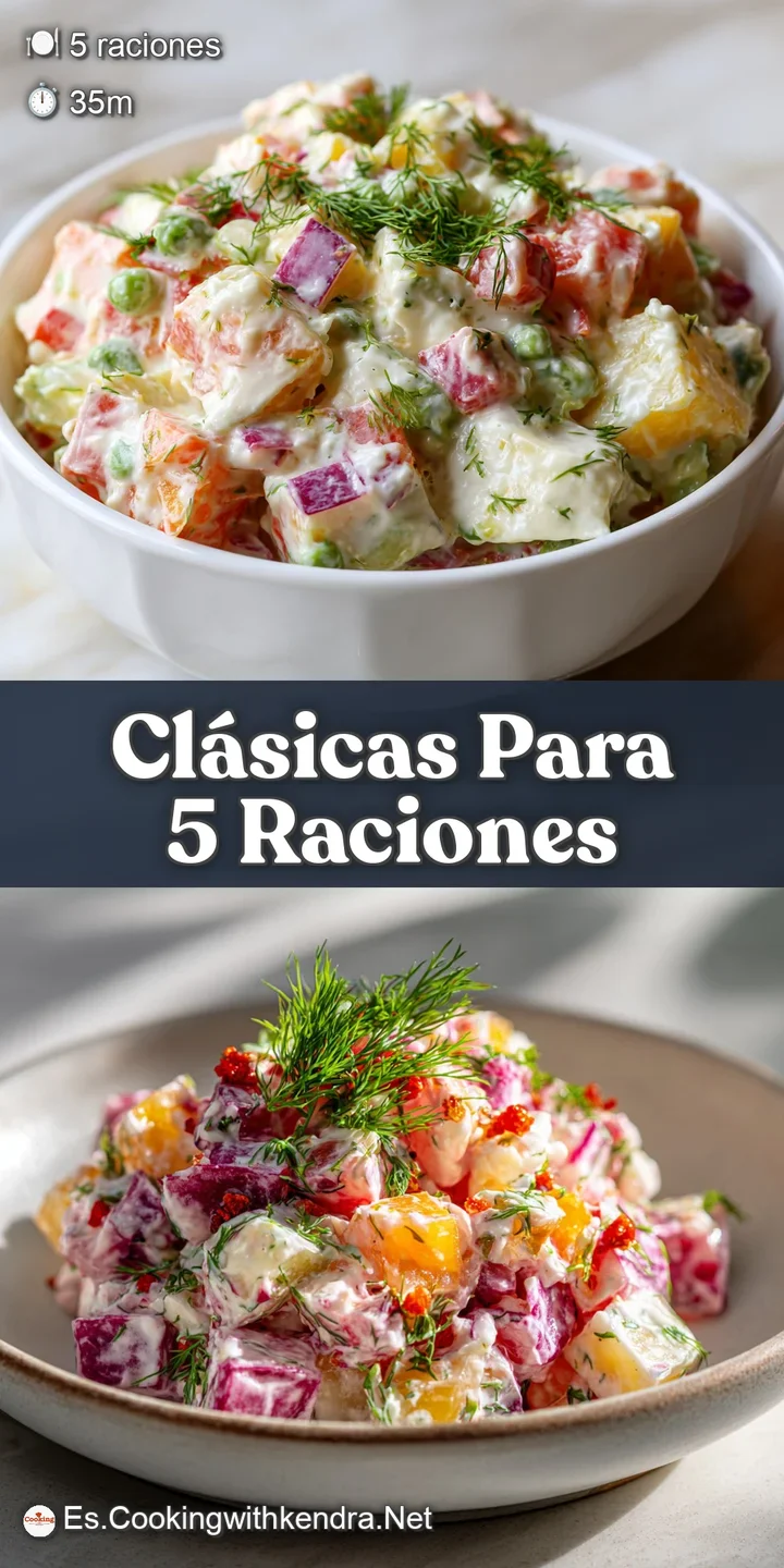 Close-up of Ensaladilla Rusa showing creamy, textured surface with peas, carrots, and potatoes in rich mayo.