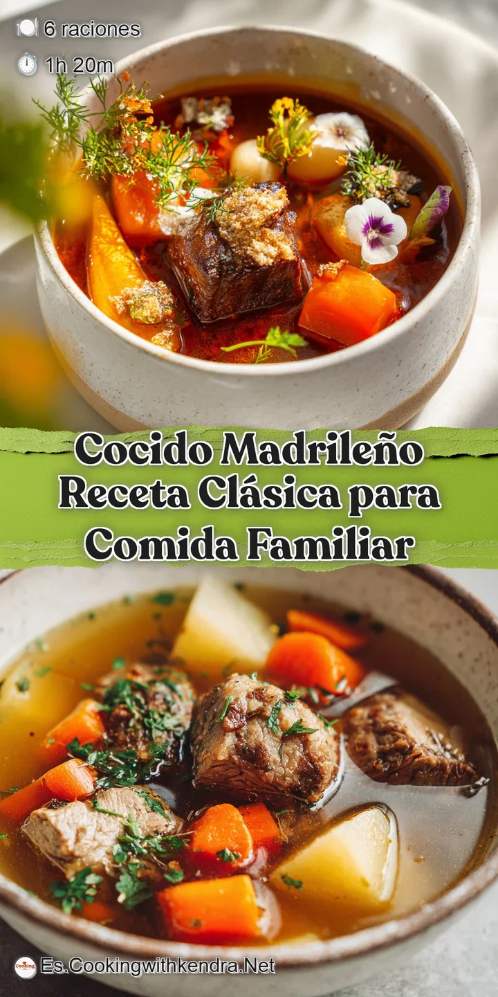 Close-up of steaming Cocido Madrile&ntilde;o. See the glistening broth, tender chickpeas, and savory cuts of meat.