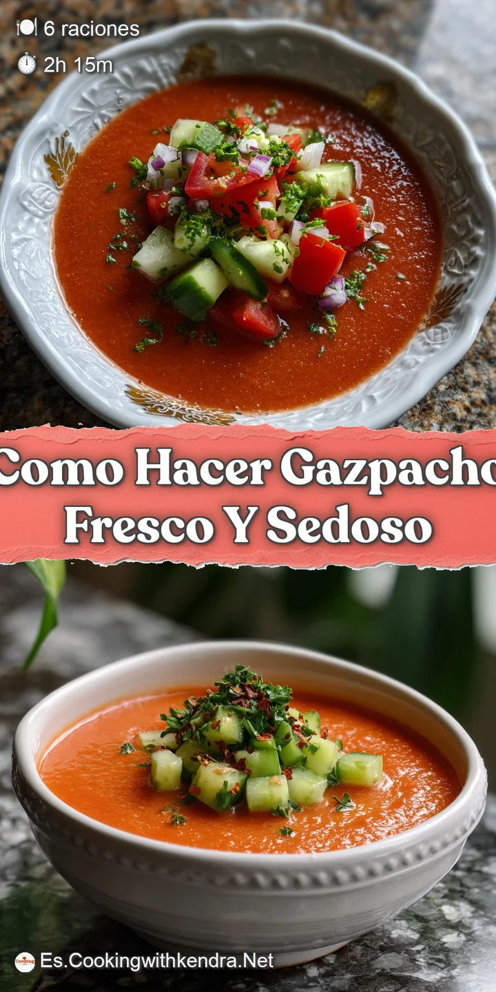 Close-up of bright red gazpacho, highlighting the chunky texture of fresh vegetables. Hints of green herbs and glistening ...