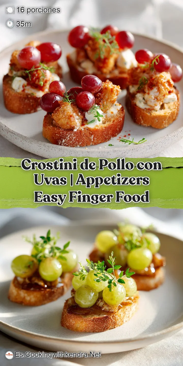 Close-up of a toasted crostini, its crunchy surface supporting creamy chicken salad and glistening red grapes.