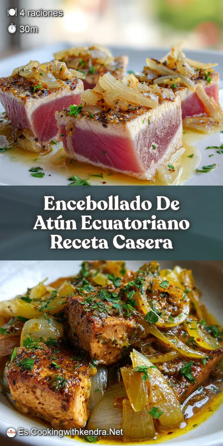 Close-up of succulent tuna chunks swimming in a flavorful broth, with glistening onions and peppers, tempting you with its...