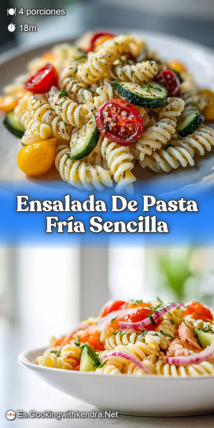 Close-up of cool pasta salad: glistening rotini with creamy dressing, bursts of red pepper, and fresh green parsley. Invit...