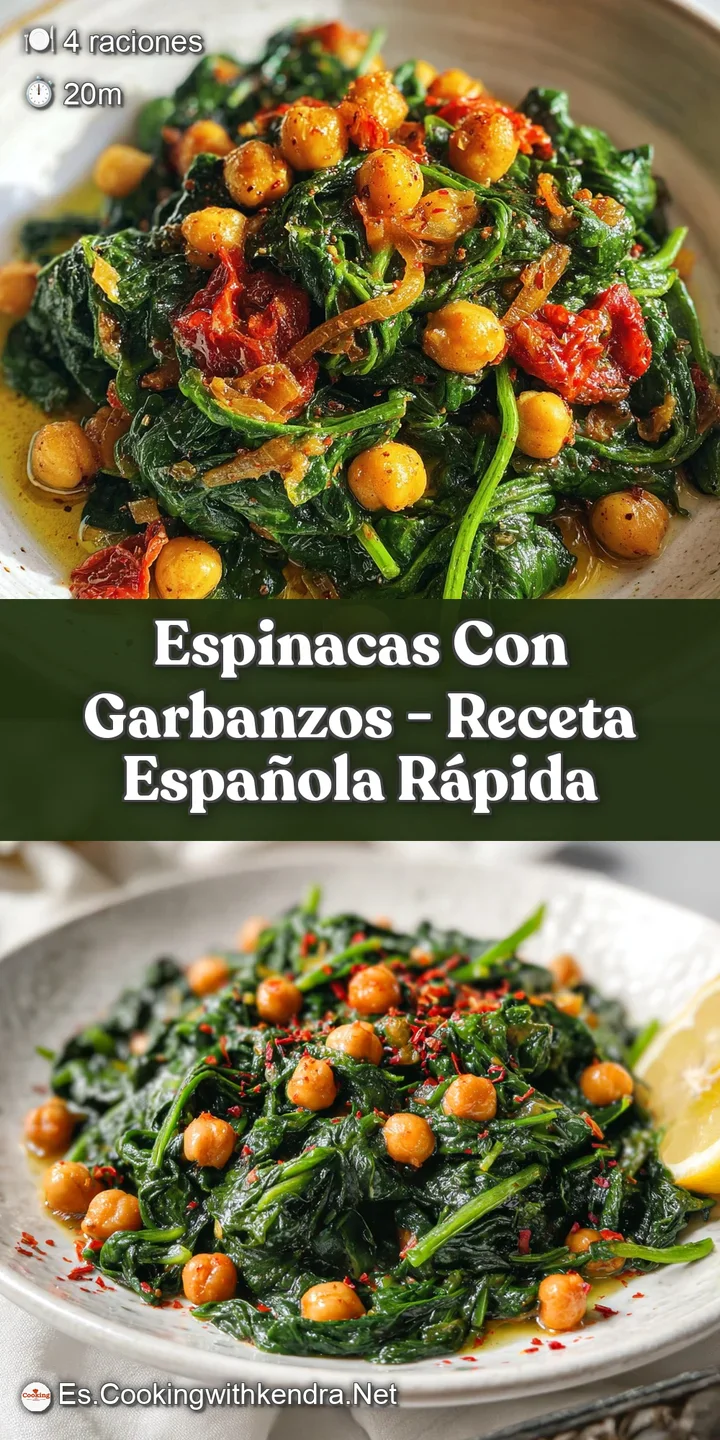 Up-close shot of tender spinach and plump chickpeas in a flavorful, spiced sauce. Hints of garlic, onion, and smoky spices...