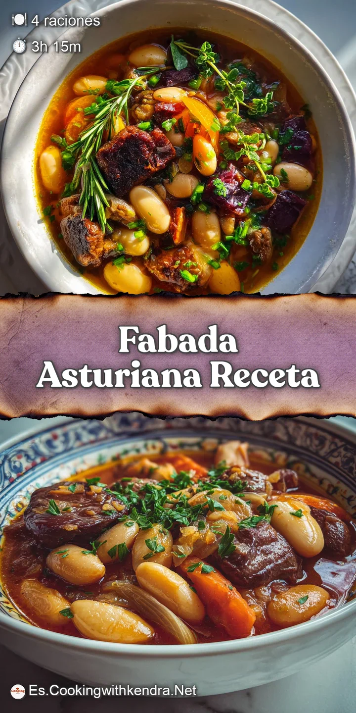 Close-up of glistening Fabada Asturiana: plump beans, marbled chorizo, and savory broth invite a taste of traditional Span...