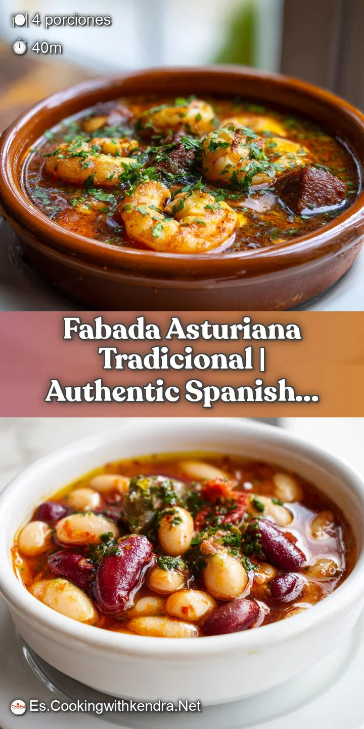 Close-up of Fabada Asturiana: glistening fat droplets on chorizo, creamy white beans, and a deeply colored, savory broth b...