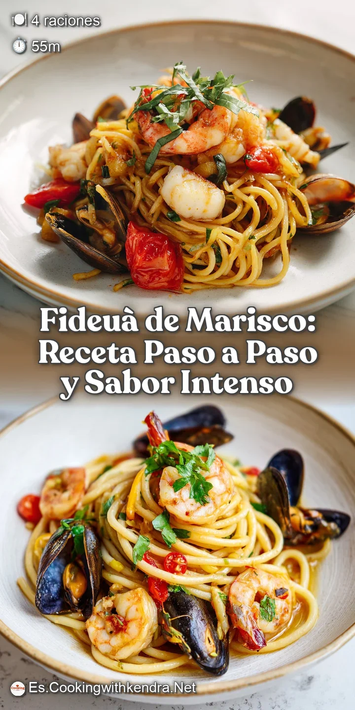 Close-up reveals the textures of Spanish fideu&agrave;: toasted noodles, succulent shrimp, and tender calamari bathed in a flavor...