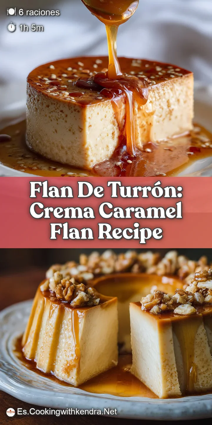 Close-up of the creamy flan's delicate texture, speckled with bits of turr&oacute;n. Glistening caramel highlights the rich, gold...