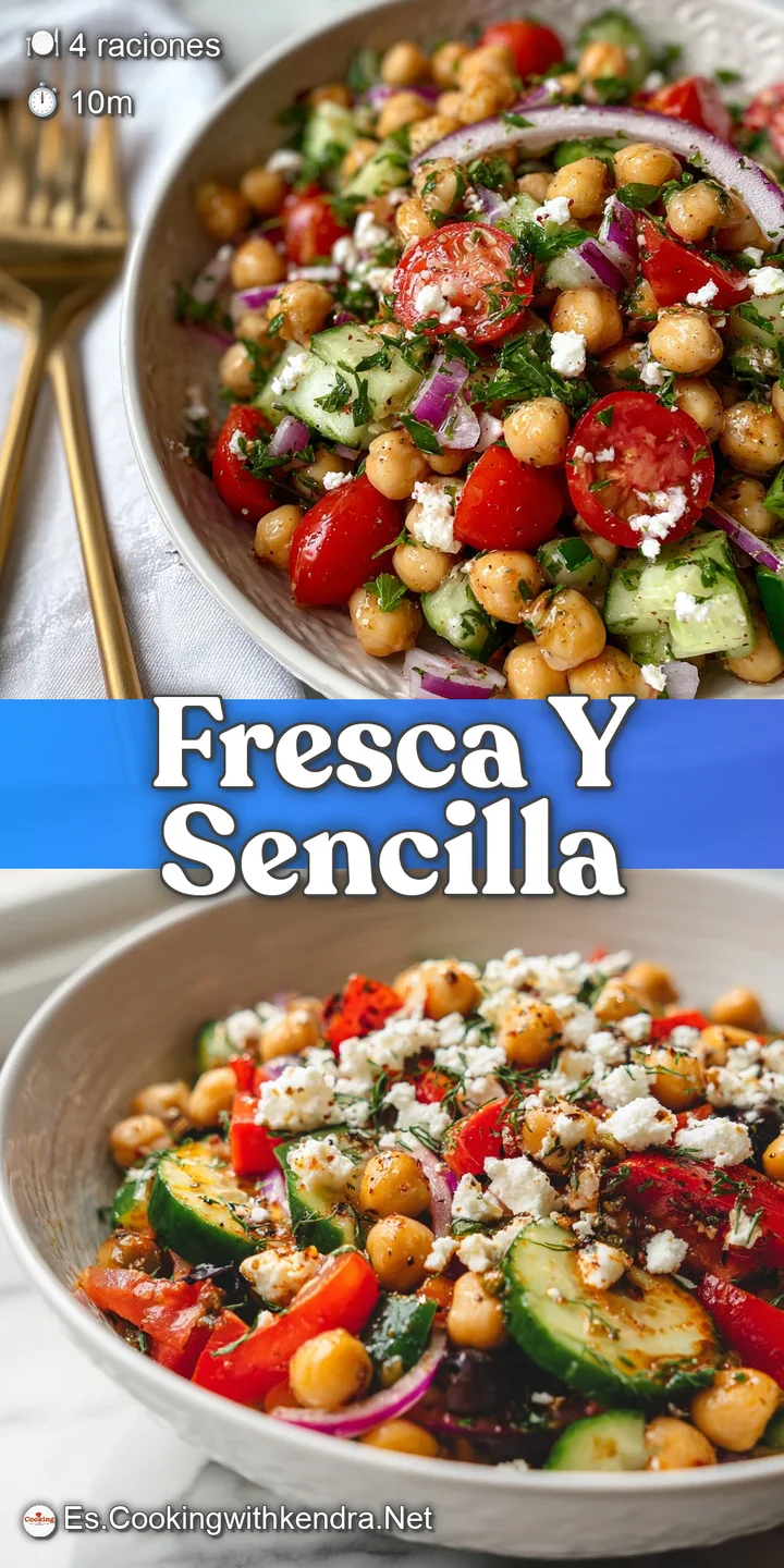 Close-up capturing the textures of the chickpea salad: plump chickpeas, glistening cucumber, and the fresh, bright green o...