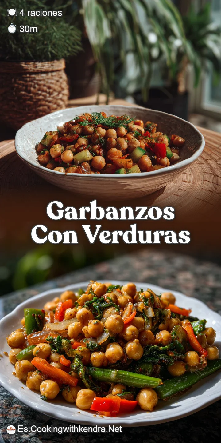 Close-up reveals the earthy textures of plump garbanzo beans mingling with bright vegetables in a rich, simmering broth; c...