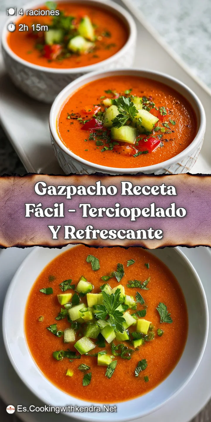 Close-up of chilled gazpacho. Diced tomatoes, cucumbers, and peppers glisten. Herbs add freshness to the refreshing soup.