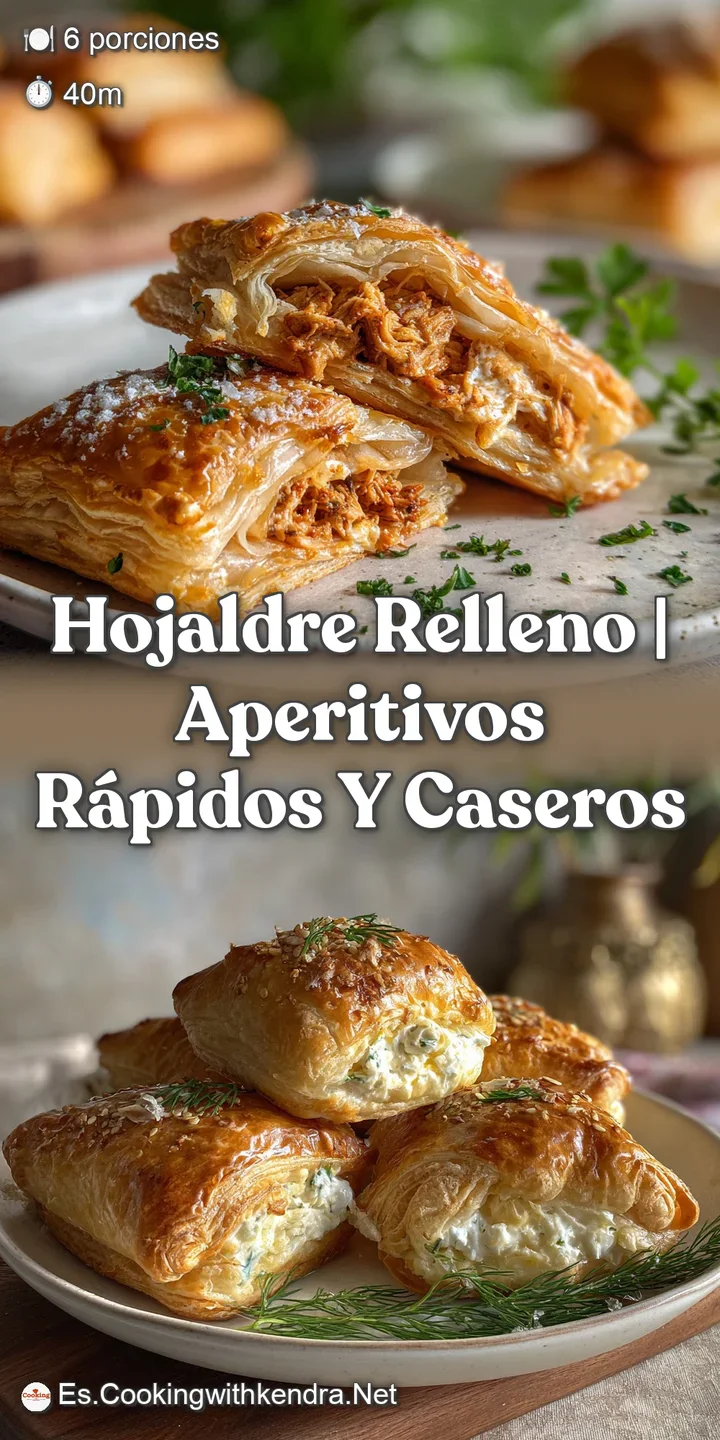 Close-up of a warm, golden puff pastry pie, filled with creamy melted cheese and tender pieces of chicken.