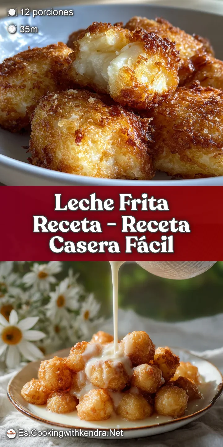 Close-up of a leche frita cube. The lightly caramelized exterior cracks to reveal a soft, creamy interior dusted with fine...