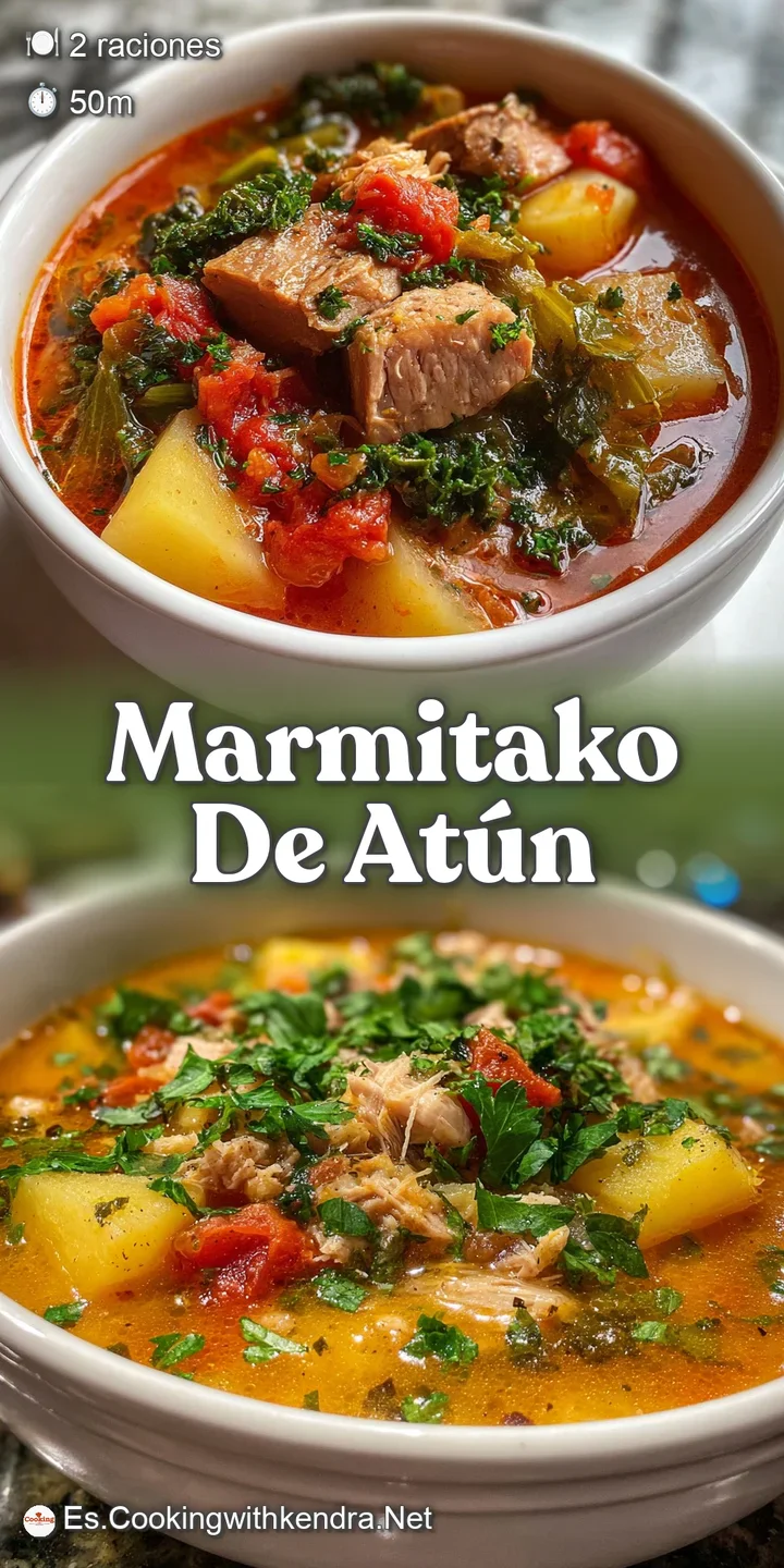 Close-up of chunky tuna marmitako, glistening with flavorful broth. Steaming, vibrant and full of colorful peppers and sof...