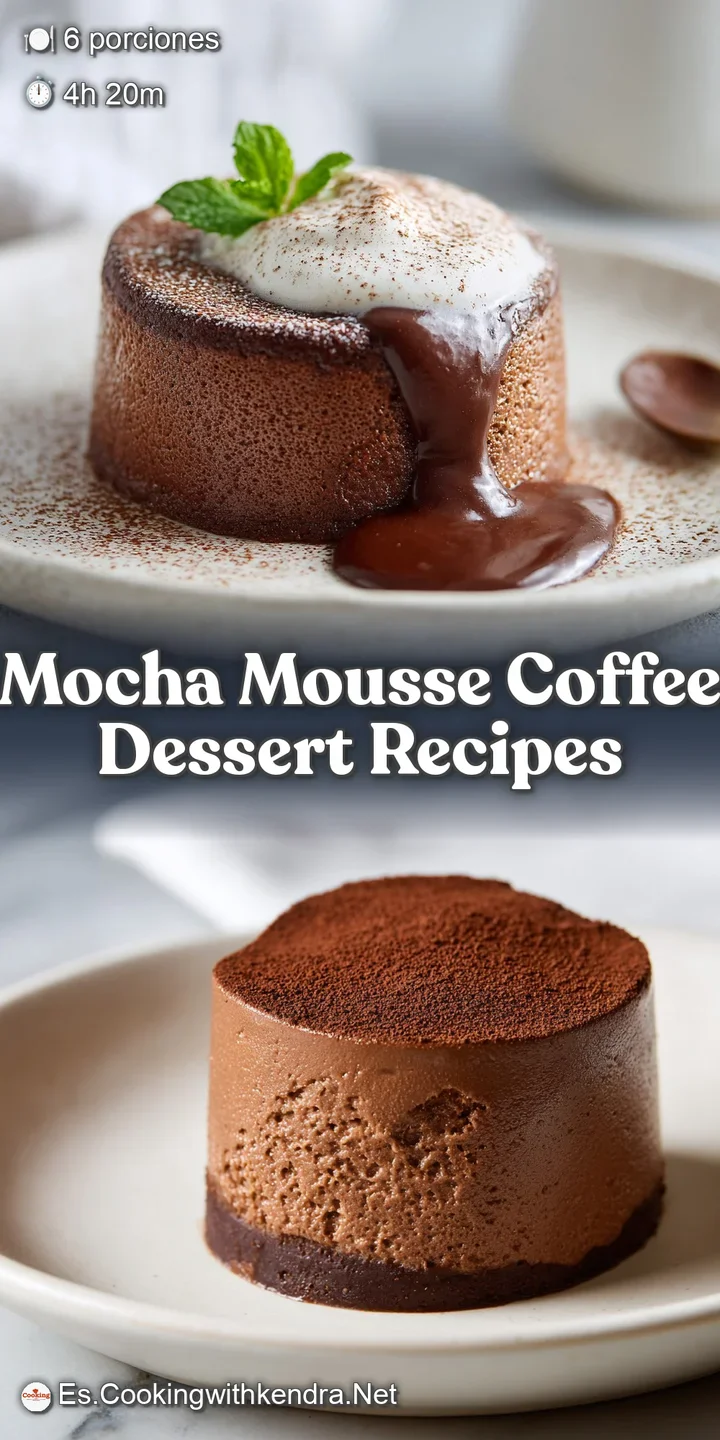 Close-up shot of velvety mocha mousse showing its smooth, glossy surface, tempting cocoa powder, and rich, dark coffee bea...