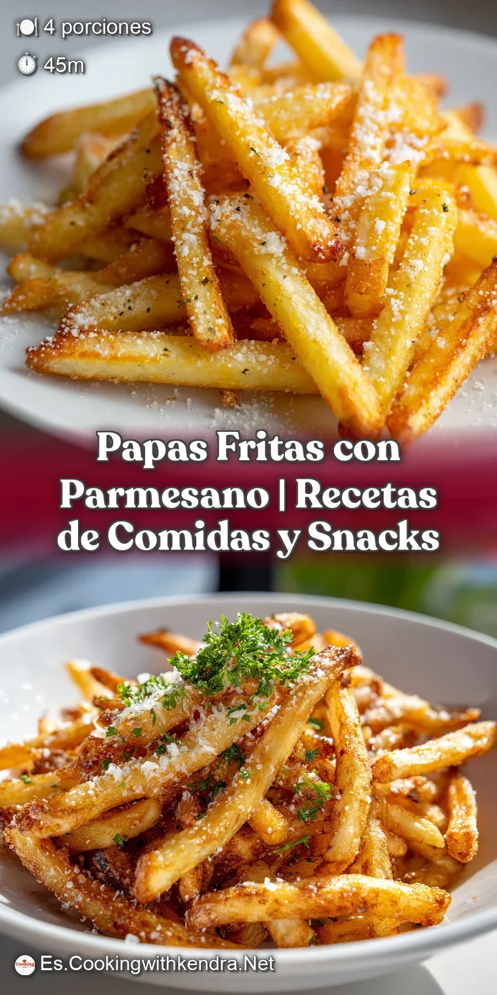 Close-up of hot, golden french fries with a crunchy texture, generously coated in grated parmesan.