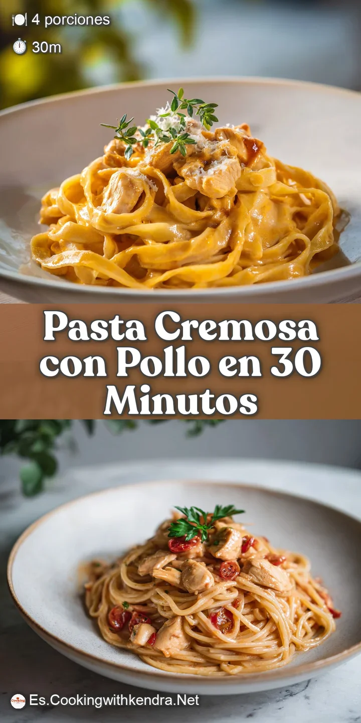 Close-up of glistening, creamy pasta coated in rich sauce with juicy pieces of chicken and flecks of green herbs.