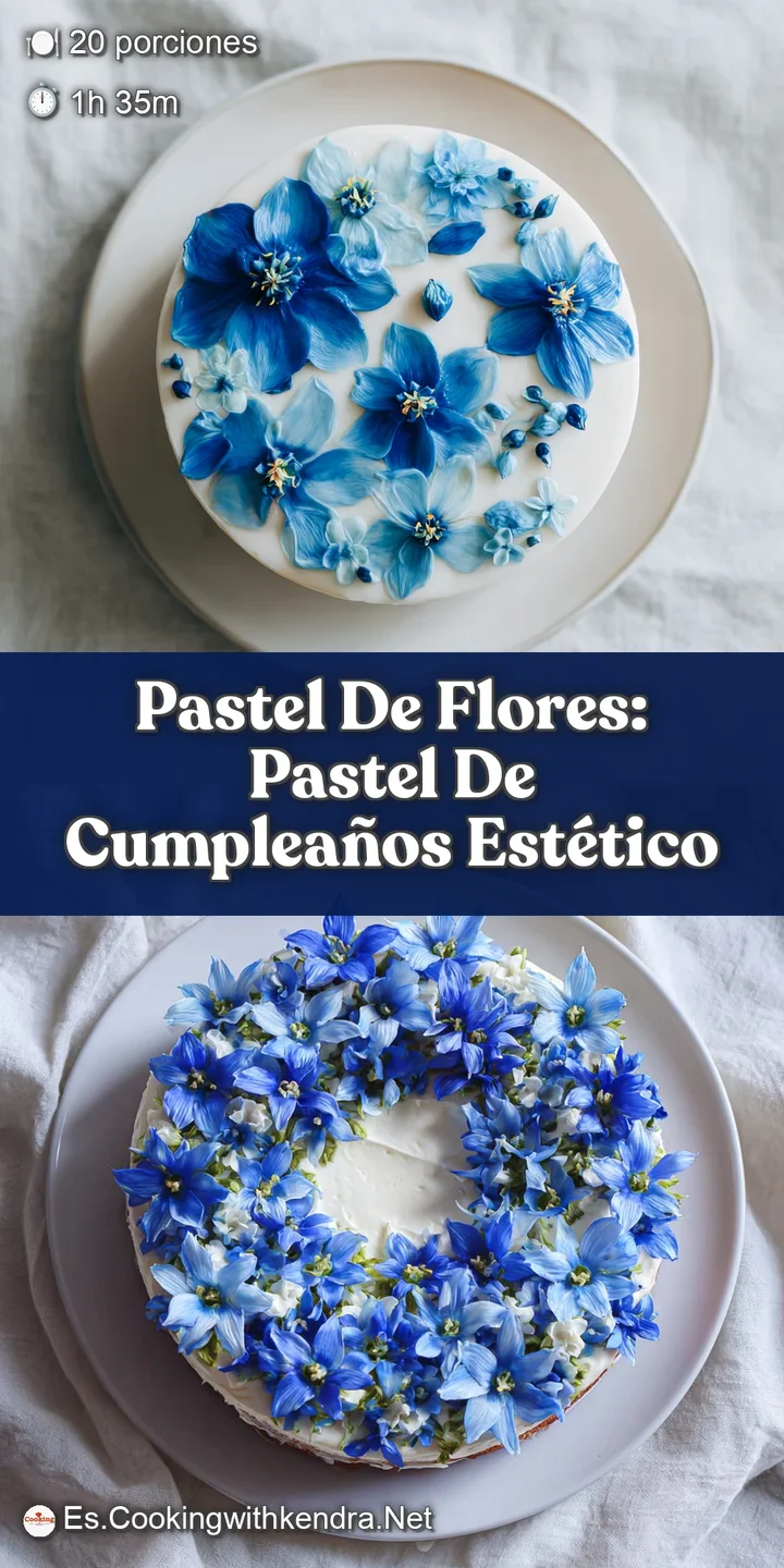 Close-up reveals the intricate details of edible flowers set in soft frosting, highlighting the cake's delicate floral des...