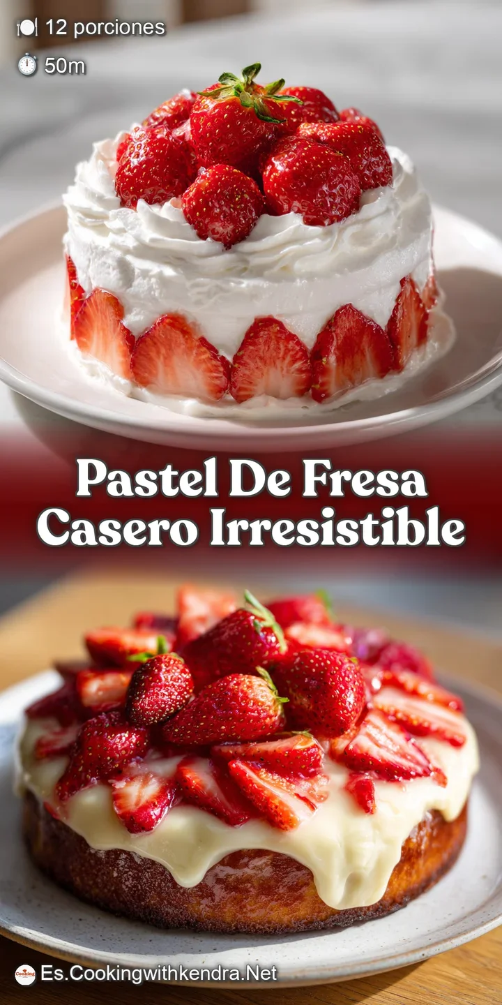 Close-up shows the cake's airy texture with juicy strawberries, frosting peaks and a light dusting of powdered sugar, invi...