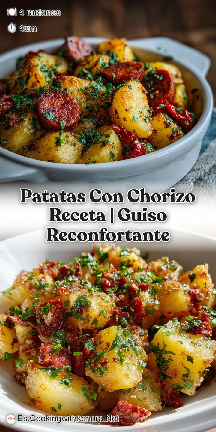 Close-up of simmering patatas con chorizo. Soft potatoes and spicy chorizo in a thick, glistening sauce. Hints of paprika ...