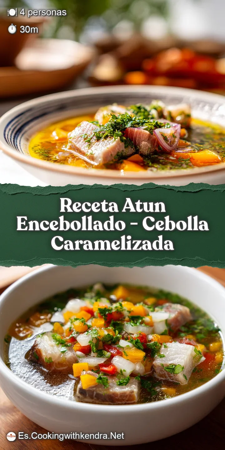 Close-up of tender tuna chunks glistening amongst softened, deeply caramelized onions; a fragrant and inviting dish.