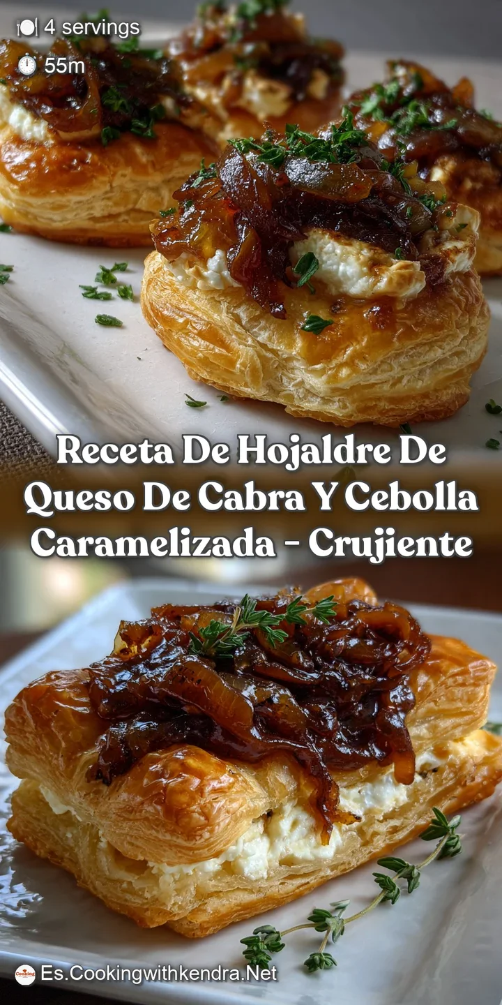 Close-up of bubbling goat cheese atop a flaky pastry base, showcasing textures. The caramelized onions offer a sweet and s...