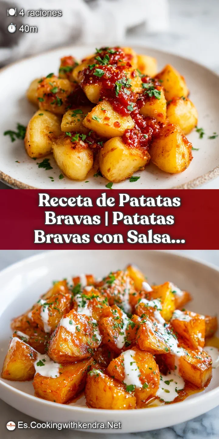 Close-up of patatas bravas: fried potatoes smothered in rich, smoky red sauce with aioli swirls, offering a tempting bite.