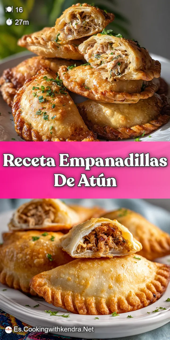 Close-up of a baked empanadilla, the flaky crust revealing a savory tuna filling. Steam rises, promising warmth and flavor...