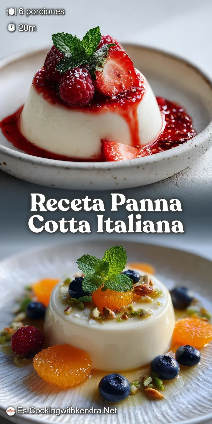 Close-up of a wobbly panna cotta, its velvety texture visible, topped with glistening, fresh mixed berries and delicate he...