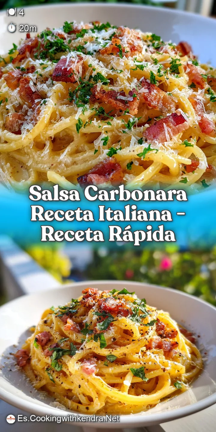 Close-up of carbonara: ribbons of pasta coated in creamy sauce, bursts of colorful salsa with visible diced tomatoes and h...