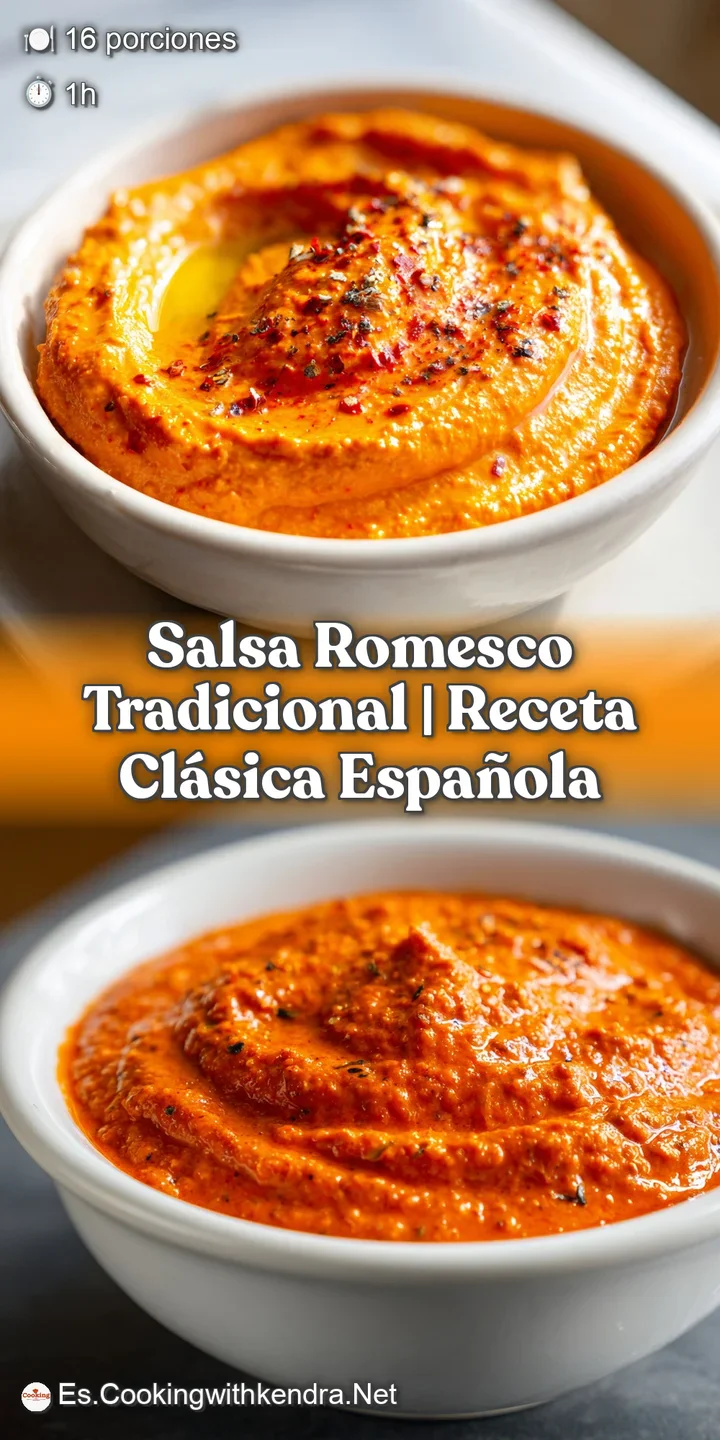 Close-up of chunky romesco sauce, showcasing the vibrant colors of tomatoes, peppers, and nuts with a slightly coarse text...