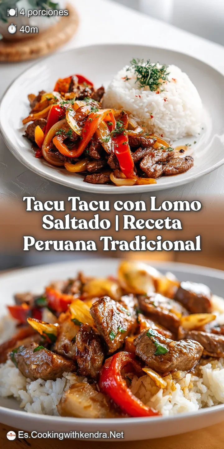 Close-up of tender lomo saltado strips with juicy onions and tomatoes over fluffy rice and beans.