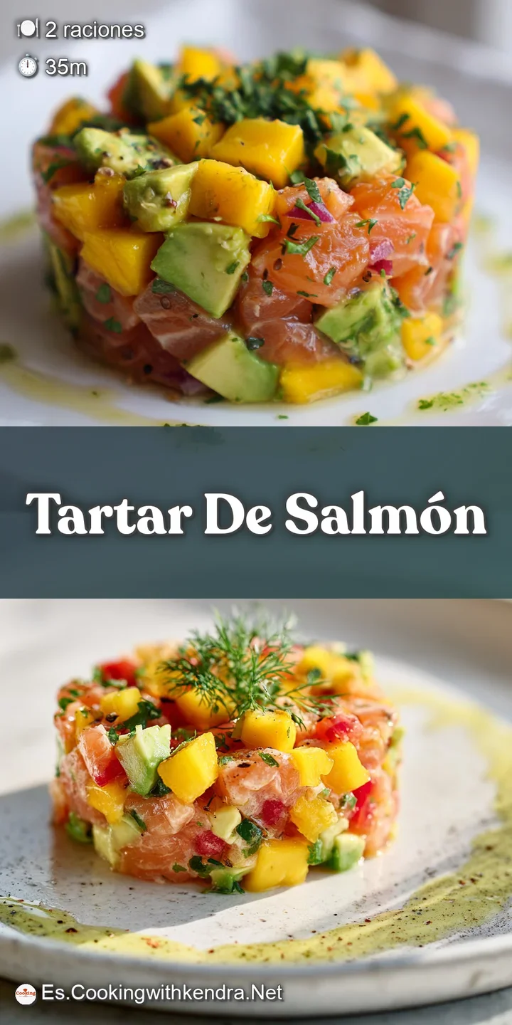 Close-up of fresh salmon tartare. Diced salmon and mango, creamy avocado, vibrant green garnish create a delectable texture.