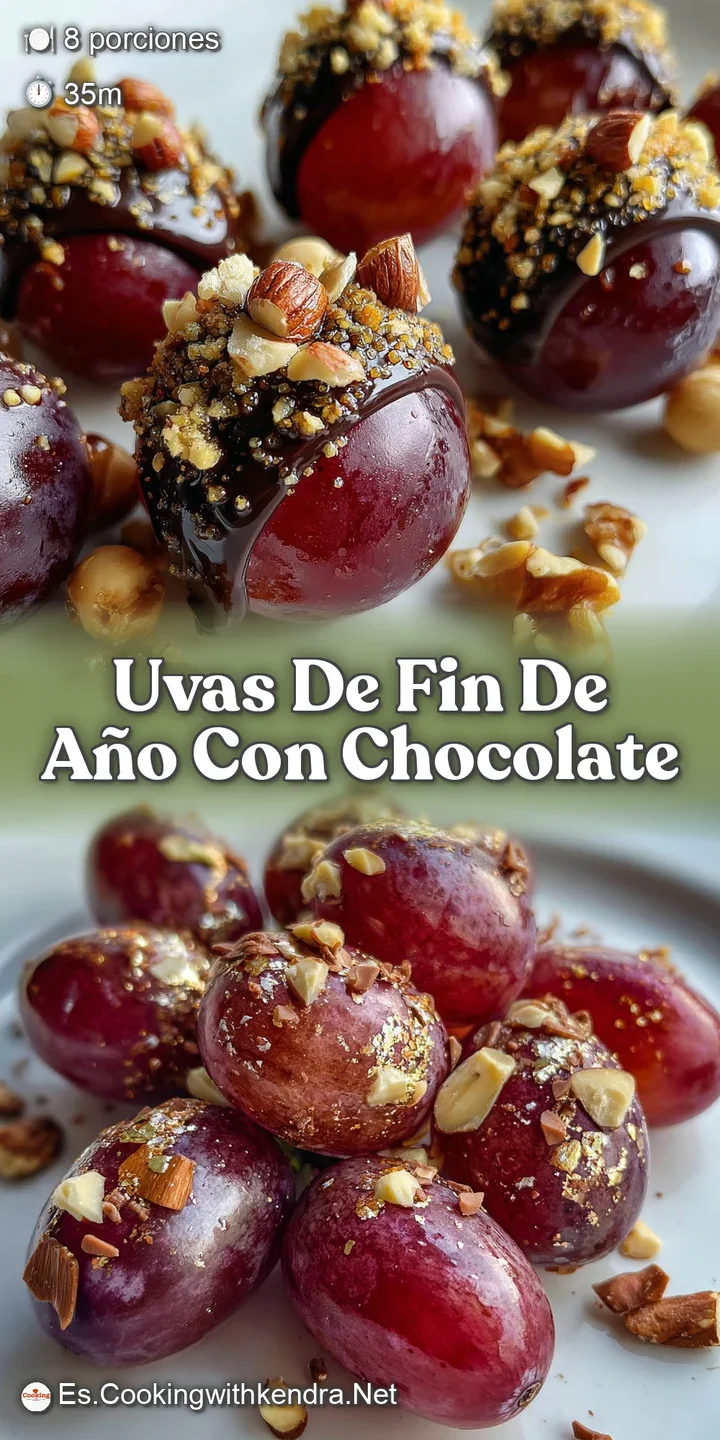 Close-up of a cluster of plump green grapes enrobed in rich, dark chocolate with a dusting of chopped almonds. Shiny, deca...