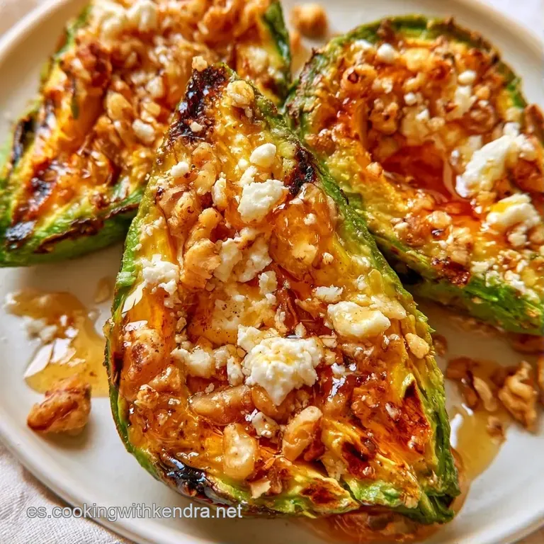 Mitades de aguacate cremoso en plato blanco, decoradas con queso feta blanco, aceite brillante y finas hierbas verdes.