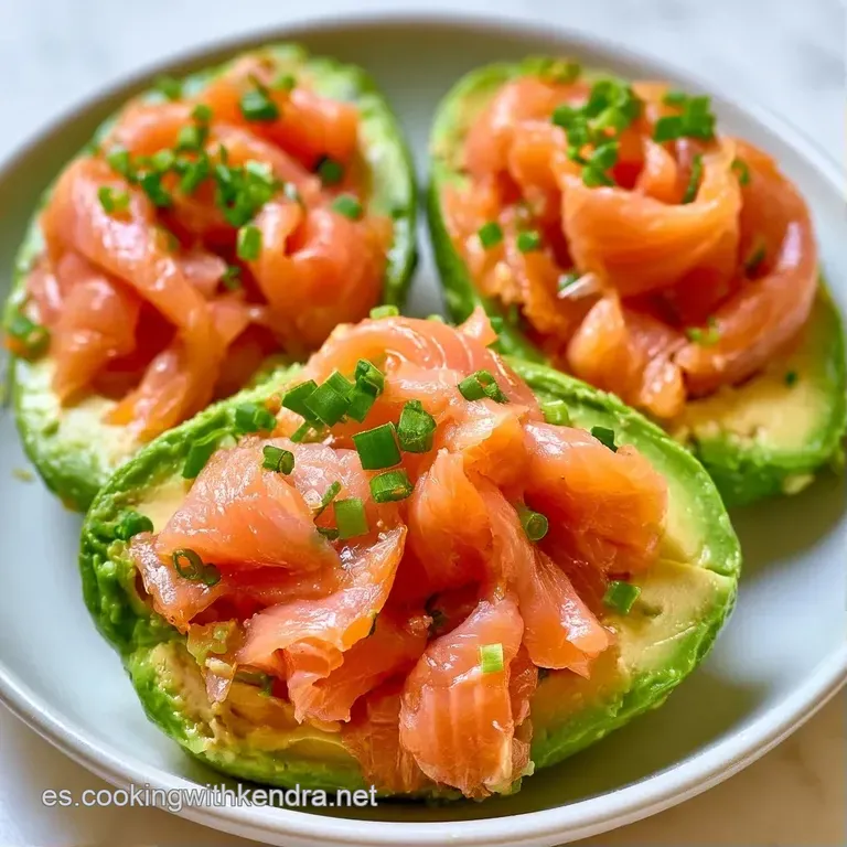 Presentación sofisticada de aguacates rellenos de salmón rosado, adornados con hojas de eneldo y granos de pimienta.
