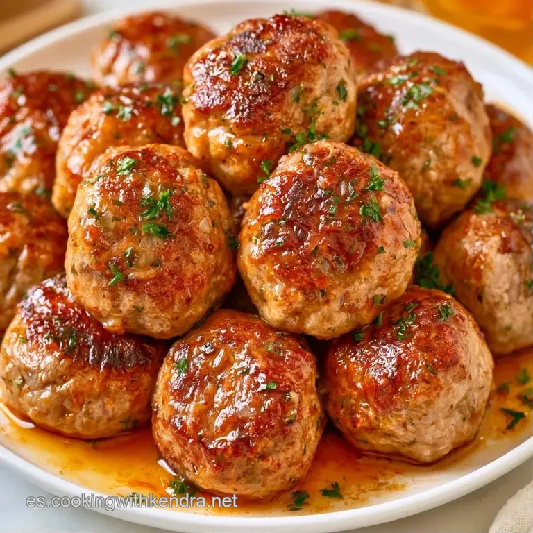 Tres bolas de carne jugosas alineadas sobre una base de puré cremoso, decoradas con gotas de salsa brillante y hierbas.