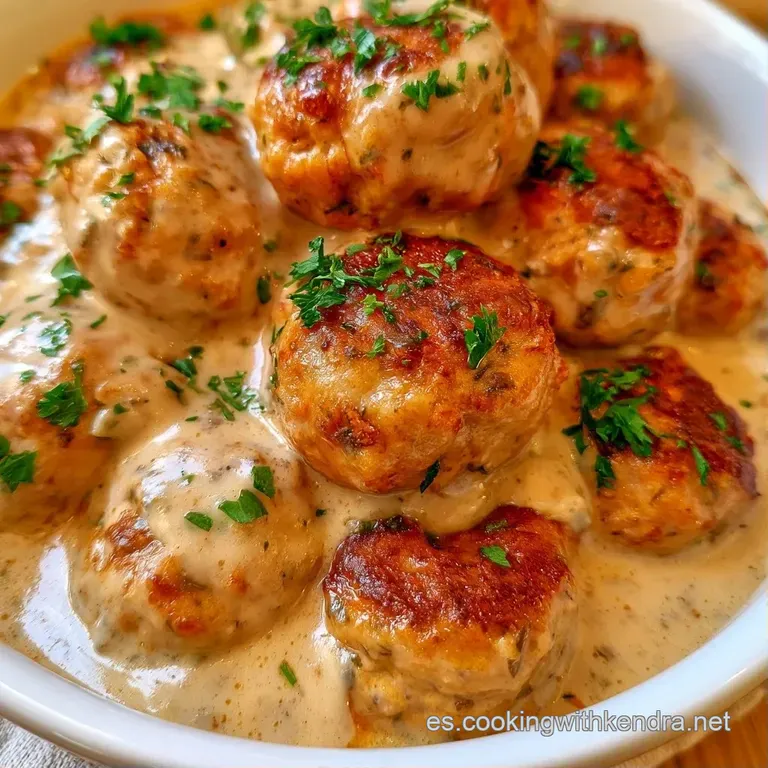 Bolas de carne alineadas en plato blanco, bañadas en salsa cremosa brillante con un toque de perejil verde muy fresco.