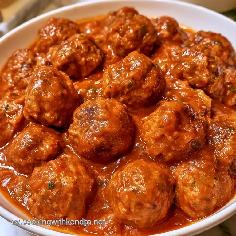 Albóndigas doradas dispuestas en un cuenco cerámico, bañadas en salsa roja brillante con un toque de hierbas verdes frescas.