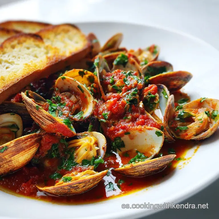 Plated clams in rich, paprika-infused sauce. Steaming, topped with fresh parsley sprigs, served with crusty bread for dipp...
