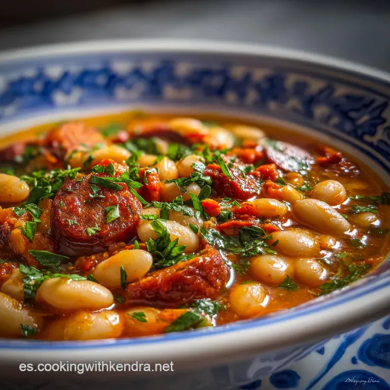 Creamy white beans and vibrant chorizo chunks nestled in a deep bowl, garnished with fresh parsley and a drizzle of olive ...
