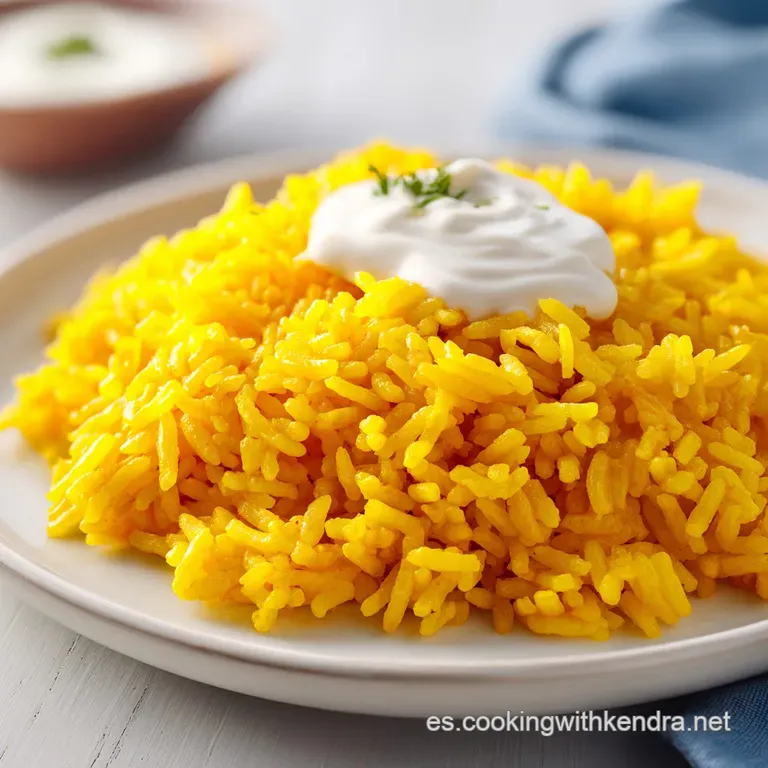 Mont&iacute;culo de arroz dorado en plato blanco con un toque de alioli sedoso y una rodaja de lim&oacute;n amarillo brillante.
