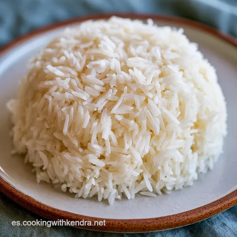 Mont&iacute;culo sim&eacute;trico de arroz blanco brillante sobre un plato oscuro, resaltando la textura ligera y aireada del grano.
