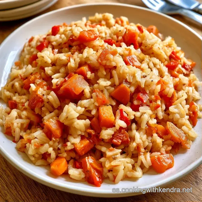 Montículo de arroz blanco adornado con verduras coloridas sobre un plato de cerámica blanca con una rama de perejil fresco.